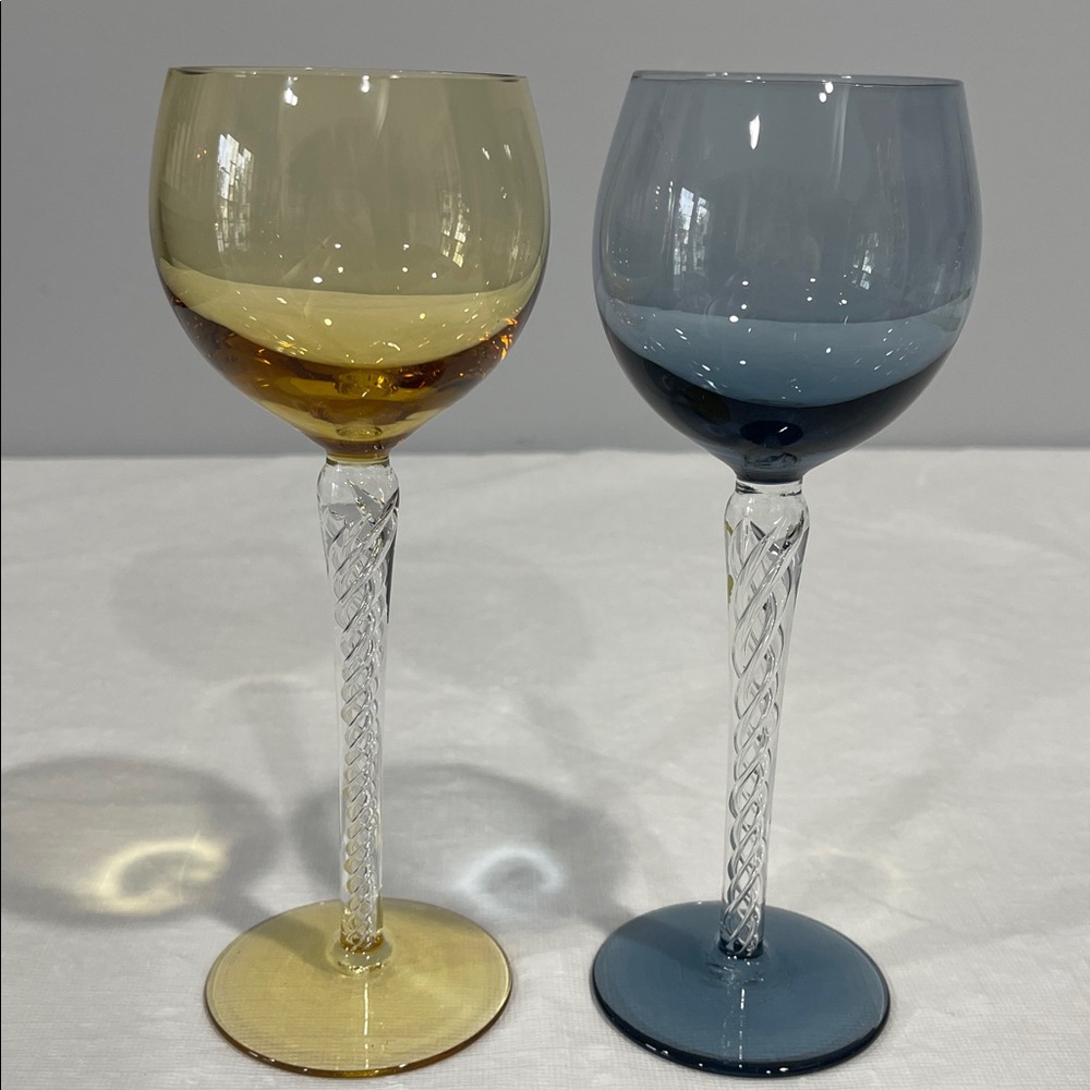 Bohemian Air Twist Hollow Stem Hock Wine Glasses set of 2 yellow and blue